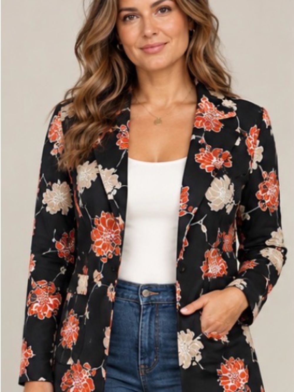Calvin Klein Black Blazer with Orange and Cream Floral Pattern